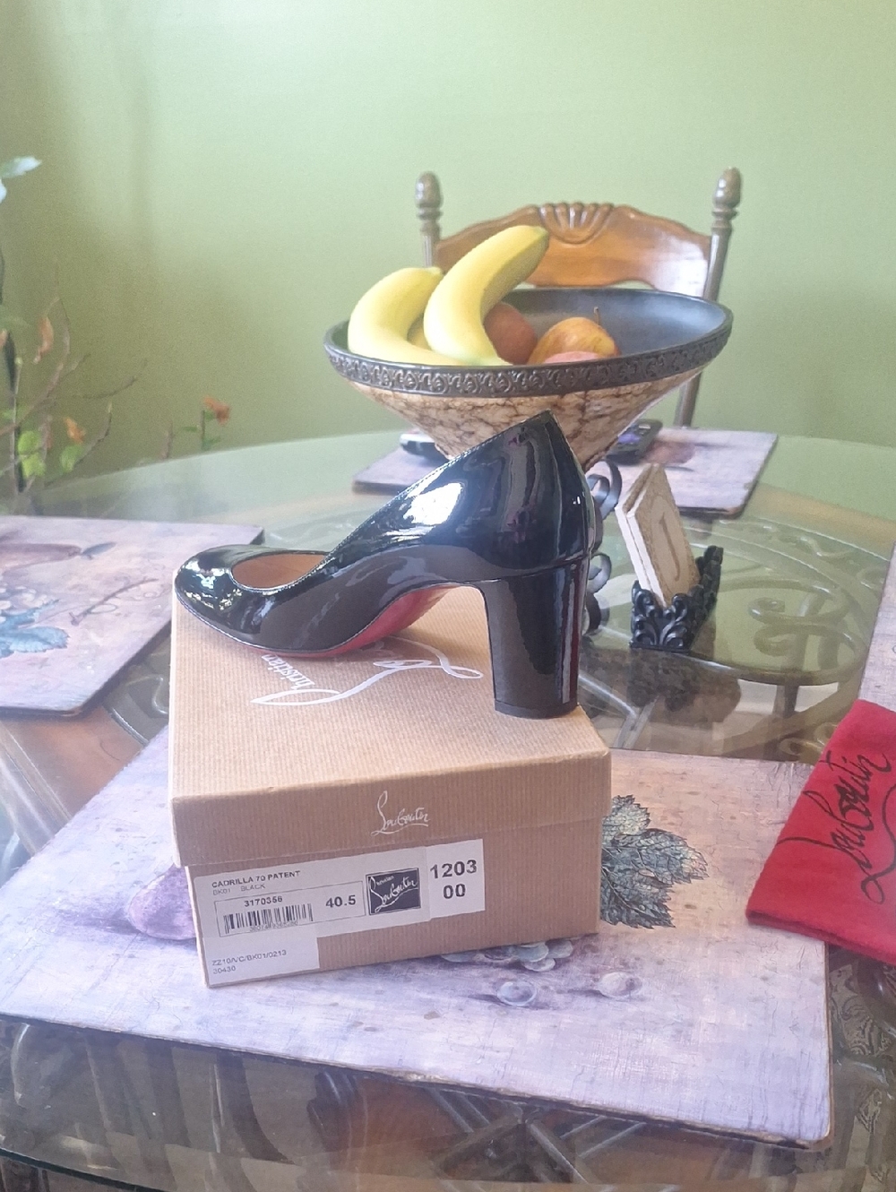 Authentic Christian Louboutin Black Patent Block Heel Pumps with Red Sole